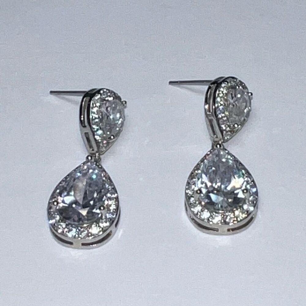 Pear CZ Halo Drop Earrings